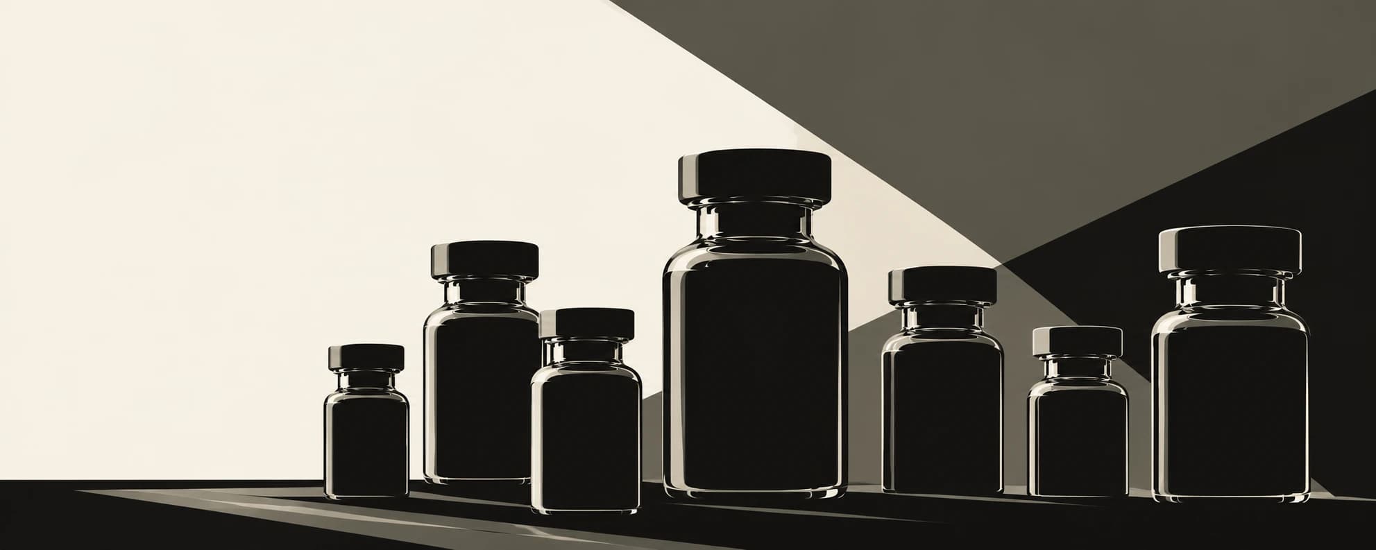 Silhouettes of research vials in varying sizes
